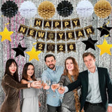 Happy New Year 2026 Party Set Black Gold Banner Swirls Flags Pom Poms