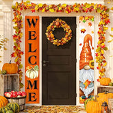 Welcome Fall Porch Banners Autumn Harvest Door Banner With Pumpkin Maple Leaves Gnome Pattern Thanksgiving Hanging Banners Autumn Home Decorations For Fall Indoor Outdoor Home Yard Wall Supplies