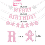 Pre-Strung Merry Birthday Banner Decorations Glitter Pink Christmas Xmas Tree Decoration Happy Birthday Baby Shower Vacation Holiday Party No Diy