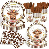 140 Pcs Highland Cow Birthday Party Supplies Holy Cow Highland Themed Baby Shower Birthday Party Decorations Disposable Tableware Set Plates Napkins Cups Serves 20