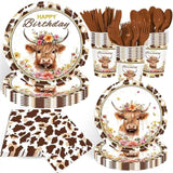 140 Pcs Highland Cow Birthday Party Supplies Holy Cow Highland Themed Baby Shower Birthday Party Decorations Disposable Tableware Set Plates Napkins Cups Serves 20