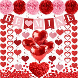 Valentines Day Decorations, Valentines Banner, Love Heart Garlands, Hanging Swirls, Red Heart Balloons and Rose Petals for Valentines Wedding Engagement Anniversary Romantic Party