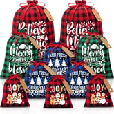10 Pcs Christmas Drawstring Gift Bags With Tags, Buffalo Plaid Xmas Gift Bags Assorted Sizes Bulk, Cotton Fabric Holiday Gift Bag Large Medium Small Wrapping Bag For Xmas Presents Decor Party Favors
