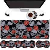 4 In 1 Mouse Pad Combo, Large Gaming Mouse Pad + Keyboard Wrist Support + Mouse Wrist Rest + Coaster, Table Pad With Stitched Edge Memory Foam Ergonomic Wrist Pad Set, Human Skulls Vintage Roses