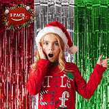 3-Pack Red Silver Green Foil Fringe Curtains 3.3x6.6 ft for Christmas and Party Decor