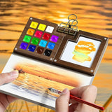 Mini Watercolor Paint Set Of 28Pcs, 15 Grid Wooden Palettes Pocket Watercolor Kit With Paint, Brush, Sketchbook & Copper Clip, Watercolor Travel Kit For Kids Adults Beginners(15 Grid Wood)