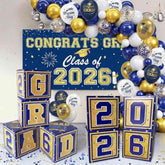 Graduation Decorations Class Of 2026 Navy Blue And Gold | 2026 Grad Balloon Boxes With Letters, Balloon Garland Kit, Congrats Grad Backdrop, Graduation Banner, High School & College Party Supplies