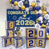Graduation Decorations Class Of 2026 Navy Blue And Gold | 2026 Grad Balloon Boxes With Letters, Balloon Garland Kit, Congrats Grad Backdrop, Graduation Banner, High School & College Party Supplies