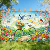 Hello Spring Banner - Bicycle & Rainbow Floral Design - 71X43 Inches Polyester Spring Banner Decorations For Yard, Trail, Porch