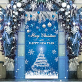 Merry Christmas & Happy New Year Door Cover Decorations, Xmas Blue Door Banner For Front Door Party Sign Porch Decor Supplies Outdoor Indoor Photography Backdrop Photo Booth Props Winter Holiday