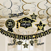 Graduation Hanging Swirl Banner Decorations Black Gold Star Banner Garland Party Supplies