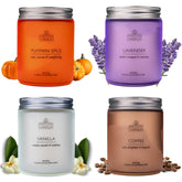 Candles For Women - 4 X 8Oz Coloured Glass Jars 3" X4 Mixed Set Of Classic Scents Pumpkin Spice, Coffee, Vanilla, Lavender 200 Hours Long Burn Time