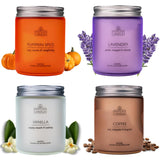 Candles For Women - 4 X 8Oz Coloured Glass Jars 3" X4 Mixed Set Of Classic Scents Pumpkin Spice, Coffee, Vanilla, Lavender 200 Hours Long Burn Time