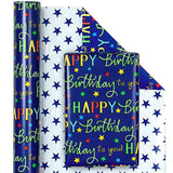 Reversible Birthday Wrapping Paper - Mini Roll - 17 Inch X 33 Feet - Blue Star Happy Birthday Wrapping Paper For Men, Adult, Boy, Baby Shower, Holiday