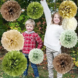 Sage Green Brown Gold Tissue Paper Pom Poms Party Decorations Olive Tan Ivory Flowers Wall Hanging Décor Jungle Safari Woodland Wild Table Centerpieces Supplies Birthday Bridal Baby Shower