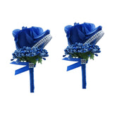 Boutonniere For Wedding Groom 2Pcs Royal Blue Rose Groomsmen Best Man Father Suit Lapel Flower Button Hole Artificial Flower With Gold Ornament For Prom Homecoming, Tea Party, Formal Dinner