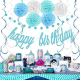 Blue Happy Birthday Decorations β Blue Happy Birthday Banner, Paper Pom Poms, Hanging Swirls And Glitter Circle Dots Garland For Birthday Party Decorations
