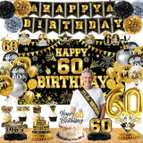 58Pcs 60Th Birthday Decorations For Men Women, 60Th Black Gold Party Supplies Backdrop, Honeycomb Centerpieces, Banner, Hanging Swirls, Foil & Latex Balloon, Cake & Cupcake Toppers, Pompons, Sash