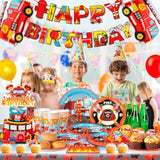 Fire Truck Birthday Party Supplies,16 Guests Fire Truck Party Tableware, Firetruck Decorations Balloons Plates Napkins Tablecloth Etc Fireman Birthday Party Decorations