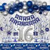 16Th Birthday Decorations For Boys Girls, Blue And Silver Happy 16Th Birthday Decorations Boy, Happy 16Th Birthday Banner Balloons Tablecover Fringe Curtains, 16 Years Old Bday Decor Party Supplies