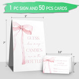 Guess How Many Candies Sign(1 Standing Sign-50 Guessing Cards) Pink Bow Theme Party Activities Game Cards Kit For Baby Showers, Newborn Parties, Bridal Shower, Engagement, Wedding Shower, Birthdays-37