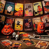 Vintage Halloween Banner Set with Pumpkin Witch Cat Bunting Garland for Party Wall Decor