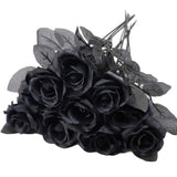 10Pcs Black Roses Artificial Flowers With Stems, Faux Silk Flowers Bridal Gothic Wedding Bouquet, Realistic Blossom Flora For Home, Office, Hotel Decorations