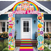 4Pcs Sweet Candyland Party Decorations Candy Door Covers Back To School Hanging Banner Backdrop Candy Store Porch Sign Colorful Runner Rug Background Photo Prop For Baby Shower Birthday Party Supplies
