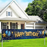 Happy Birthday Long Banner 118X20 Inch Royal Blue Gold Theme Party Backdrop Decoration Balloons Stars Polyester Fabric Large Event Supplies For Girls Or Boys Gifts Longs Banners