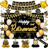 Retirement Party Decorations, Black Gold Happy Retirement Decorations Supplies - Banner Backdrop, Decorations Stickers, Retired Sash, Hanging Swirls, Foil Balloons, Honeycomb Centerpieces
