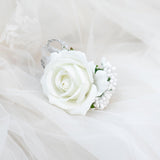 2Pcs White Rose Corsage And Boutonniere Set, Corsage Wristlet Band For Prom Decorations, Artificial Boutonniere For Men Wedding Party Suit Flower Accessories