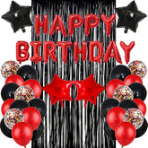 Red & Black Birthday Decor Kit with Banner, Fringe Curtain, Balloons & Confetti