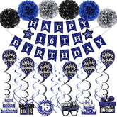 16Th Birthday Decorations For Boys Girls, Blue Happy 16Th Birthday Banner Party Decorations, Sixteen Birthday Supplies Decor Double-Sided Card Pompoms Hanging Swirl For 16 Years Teenagers Gifts 45Pcs
