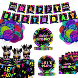 188-piece neon glow party set with dinnerware, balloons, and table décor for 24