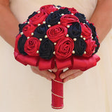 7.5" Ruby Red & Black Bridal Wedding Bouquet Round Holding Bouquet Throw Toss Artificial Rose Flower Bunch For Bride Bridesmaid Wedding Quinceanera