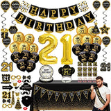 21St Birthday Decorations For Him - Black Gold Party Pack (76Pc), Includes Banner, Pennant, Swirls, Balloons, Tablecloths, Cupcake Toppers, Crown, Plates, Photo Props, Sash