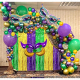 116 Pcs Mardi Gras Decorations - 2Pack Mardi Gras Tinsel Foil Fringe Curtains With Big Aluminum Mask Balloons Green Purple Yellow Mardi Gras Balloons For Mardi Gras Party Carnival Decoration