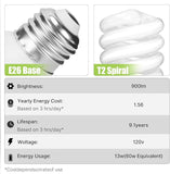E26 CFL Light Bulbs 13W T2 Spiral 2700K Soft White 900 Lumens 60W Equivalent UL Approved 4 Pack