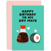 Old English Co. Funny Happy Birthday Card For Husband Or Wife - Cute 'My Soy Mate' Soy Sauce Sushi Card For Men Or Women - Boyfriend, Girlfriend, Fiance, Partner| Blank Inside With Envelope