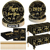 122-Piece New Year 2026 Dinnerware Set Fireworks Plates Napkins Forks Tablecloth Serves 30
