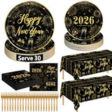 122-Piece New Year 2026 Dinnerware Set Fireworks Plates Napkins Forks Tablecloth Serves 30