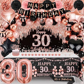 30Th Birthday Decorations For Her, Black Rose Gold Happy 30Th Birthday Backdrop Banner Sash Tiara Cake Topper Satin Ribbon Bows & Number 30 Balloon Arch Kit, Elegant 30 Birthday Decorations For Women