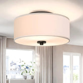 12 Inch Modern Flush Mount Ceiling Light White Fabric Drum Shade 2 Light Fixture
