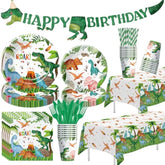 Dinosaur Birthday Party Supplies Boy - Dino Dinosaur Birthday Decorations Tableware, Paper Plate, Cup, Napkin, Tablecloth, Disposable Cutlery, Banner, Serves 24