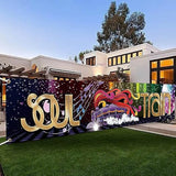 118 X 20 Inches 70S 80S Train Theme Yard Door Banner Sign Disco Party Decoration Banner Neon Light Flash Newborn Baby Show Birthday Party Cake Table Decoration Banner