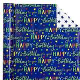 Reversible Birthday Wrapping Paper - Mini Roll - 17 Inch X 33 Feet - Blue Star Happy Birthday Wrapping Paper For Men, Adult, Boy, Baby Shower, Holiday