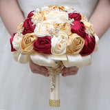 Handmade Floral Satin Rose Butterfly Shape Rhinestone Bridal Bouquet Luxury Golden Rhinestone Artificial Flowers For Wedding