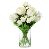 Mixed Rose Artificial Flowers And Tulips Flowers Real Touch In Glass Vase, Artificial Flowers In Vase With Faux Water For Dining Table Centerpieces, Wedding Event (White)