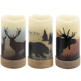 Flameless Flickering Led Candles With Hemp Rope And 6H Timer, Battery Operated Set Of 3 Real Wax Pillar Rustic Candles Warm Light With Deer, Moose, Bear Decals Decor Christmas Home(D3 X H6)