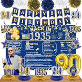 90Th Birthday Decorations For Men Women Navy Blue Gold Vintage Back In 1935 Banner Happy 90Th Birthday Honeycomb Centerpiece Hanging Swirls Sash Paper Pompoms Decor For Cheers To 90 Years Old Supplies